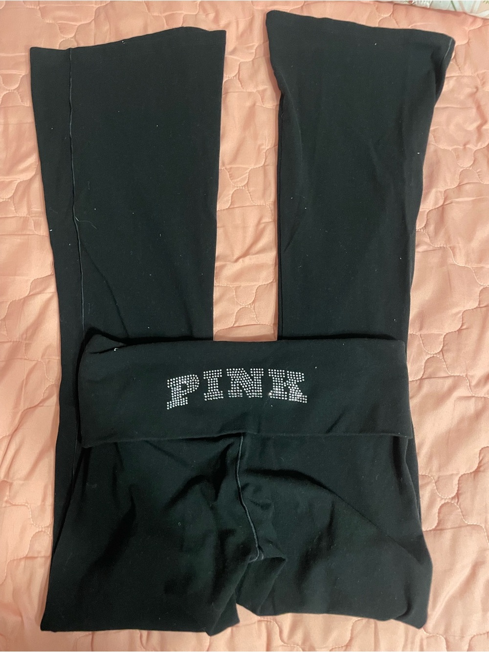PINK Victoria's Secret Black Fold-Over Leggings with Rhinestone Logo